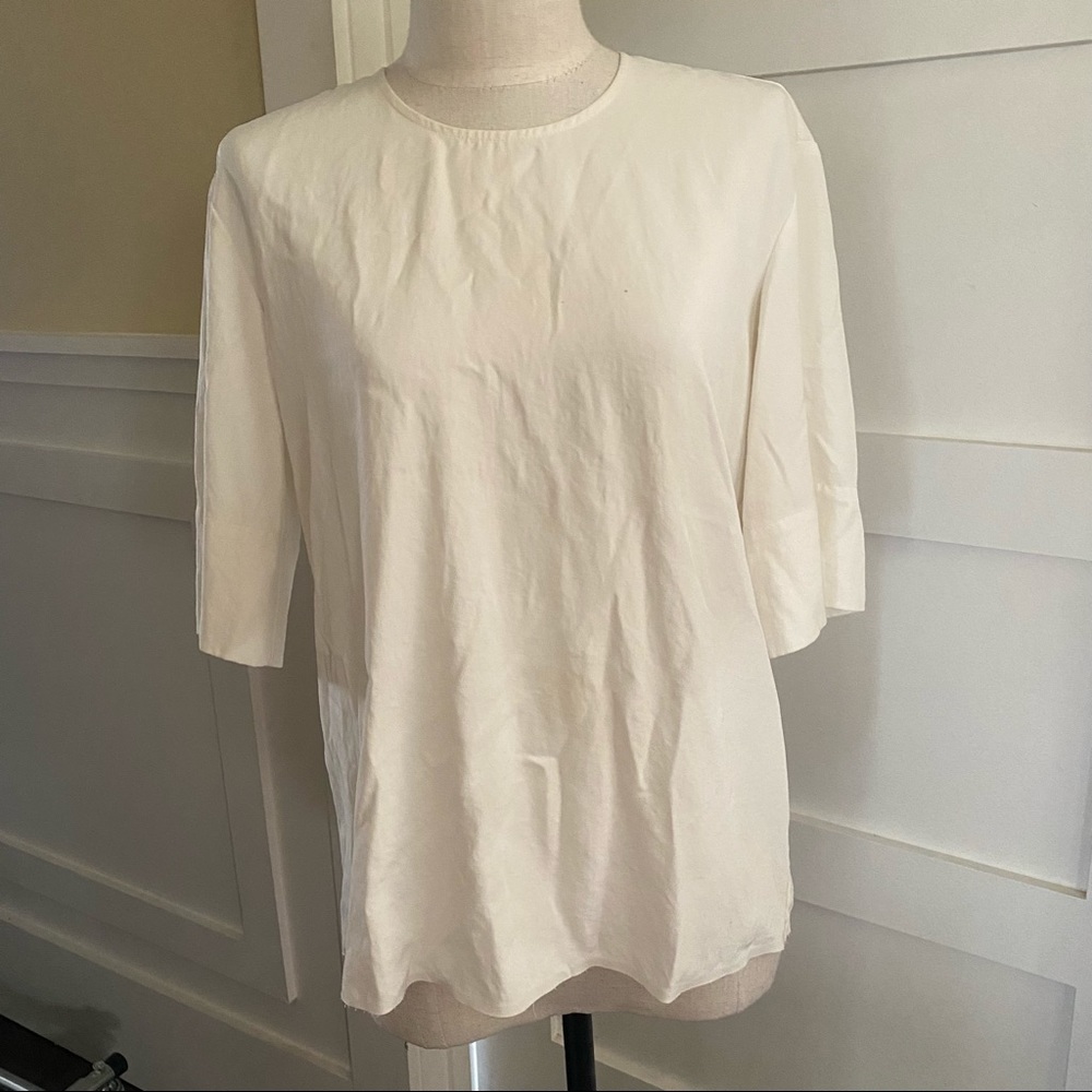 EVERLANE Ecru S/S Triacetate Back-Zip Detail Top/Sz 0/EUC/***minor pin prick - Picture 1 of 5